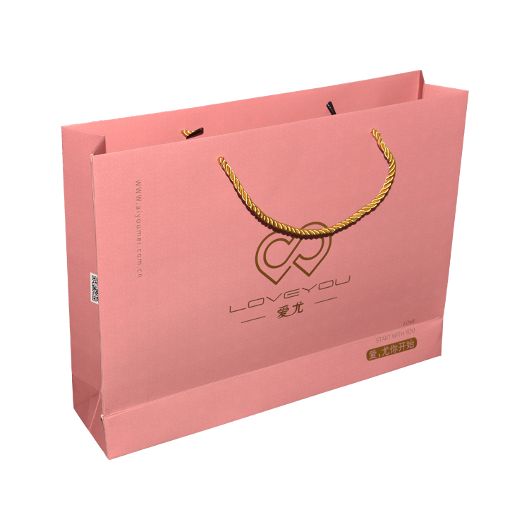 Custom Printed Pink Matte Laminated Retail Shopping Paper Bag With Gold Foiled Log and Rope Handle  