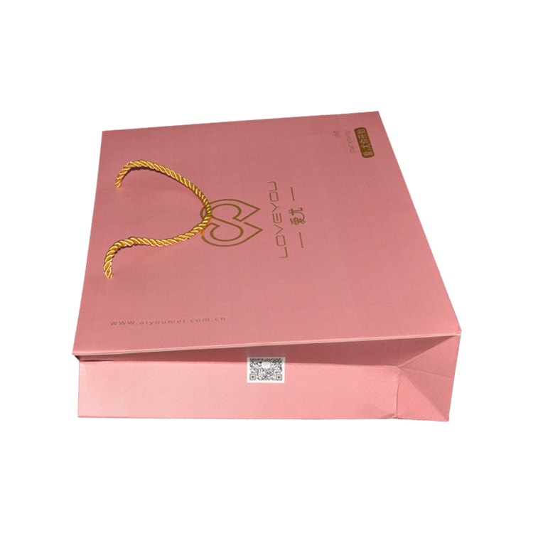  Custom Printed Pink Matte Laminated Retail Shopping Paper Bag With Gold Foiled Log and Rope Handle  