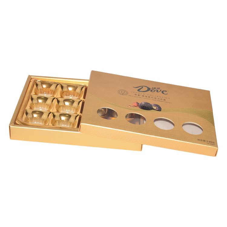 Gold Cardboard Gift Packaging Box for Chocolate Gold Chocolate Paper Box with Gold Plastic Tray and Spot UV logo  
