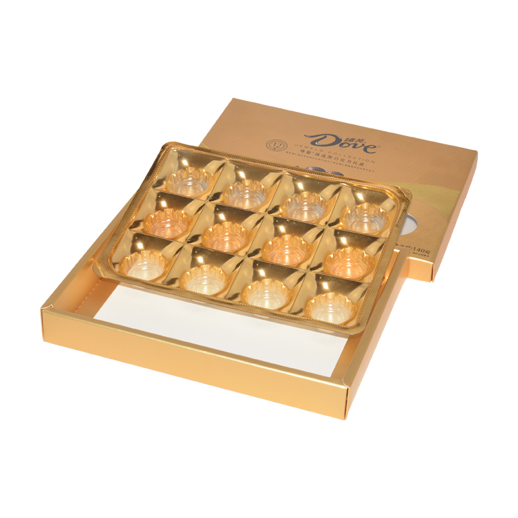 Gold Cardboard Gift Packaging Box for Chocolate Gold Chocolate Paper Box with Gold Plastic Tray and Spot UV logo  
