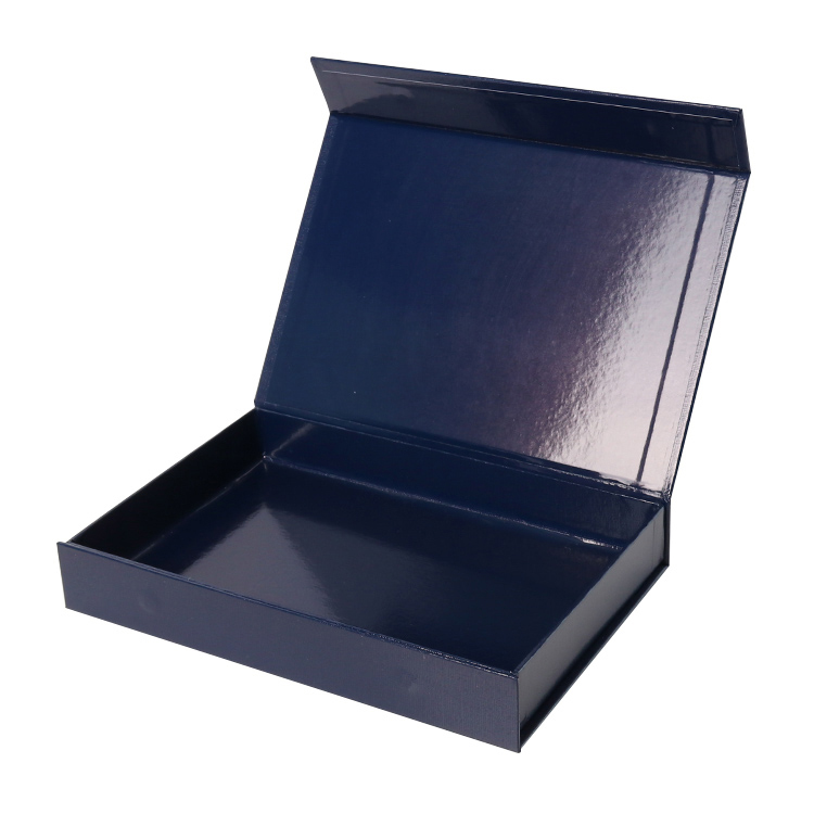 Embossed Logo Glossy Navy Blue Rigid Paper Gift Boxes with Magnetic Closure for Business Promotion  