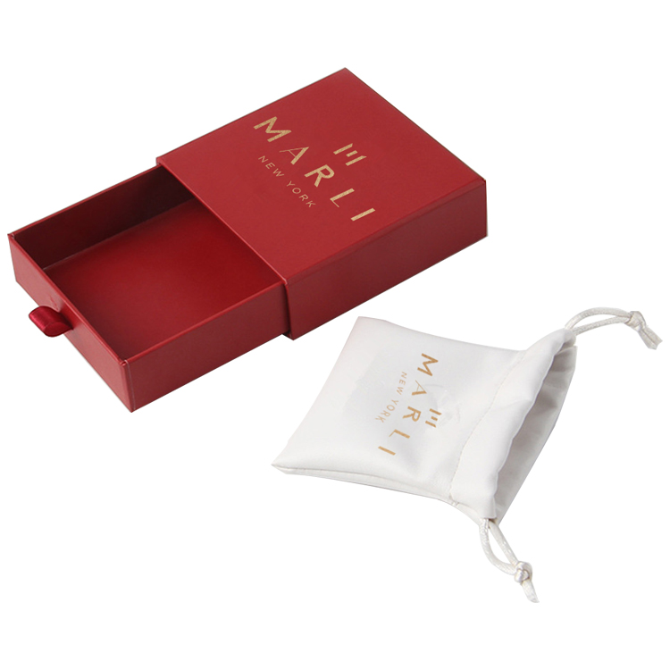 Drawer Style Paper Gift Box for Pendants Packaging with Drawstring Bag and Gold Foil Stamping Logo  