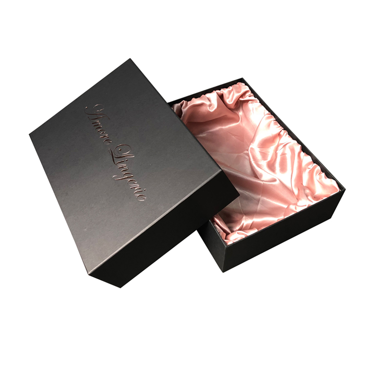 Luxury Custom Top And Bottom Gift Box for Sexy Lingerie Packaging with Satin Holder and Rose Gold Logo  