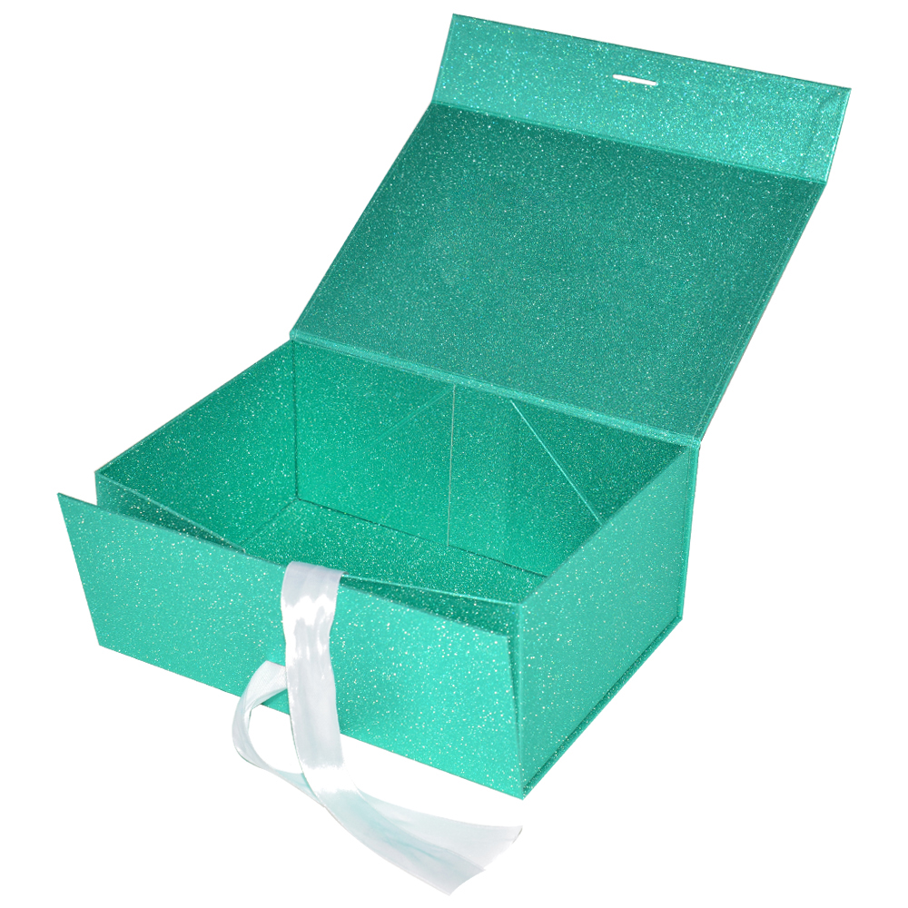 Luxury Customized Pale Blue Paper Foldable Gift Box with Magnetic Closure and Silk Ribbon Handle