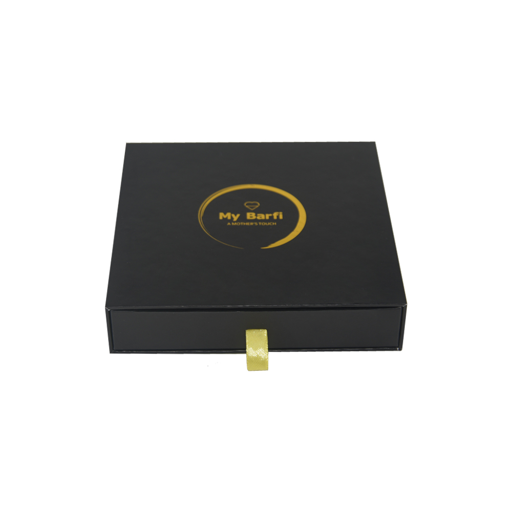 Custom Logo Printed Slide Gift Box Barfi Packaging Rigid Cardboard Box with Drawer and Gold Hot Foil Logo  