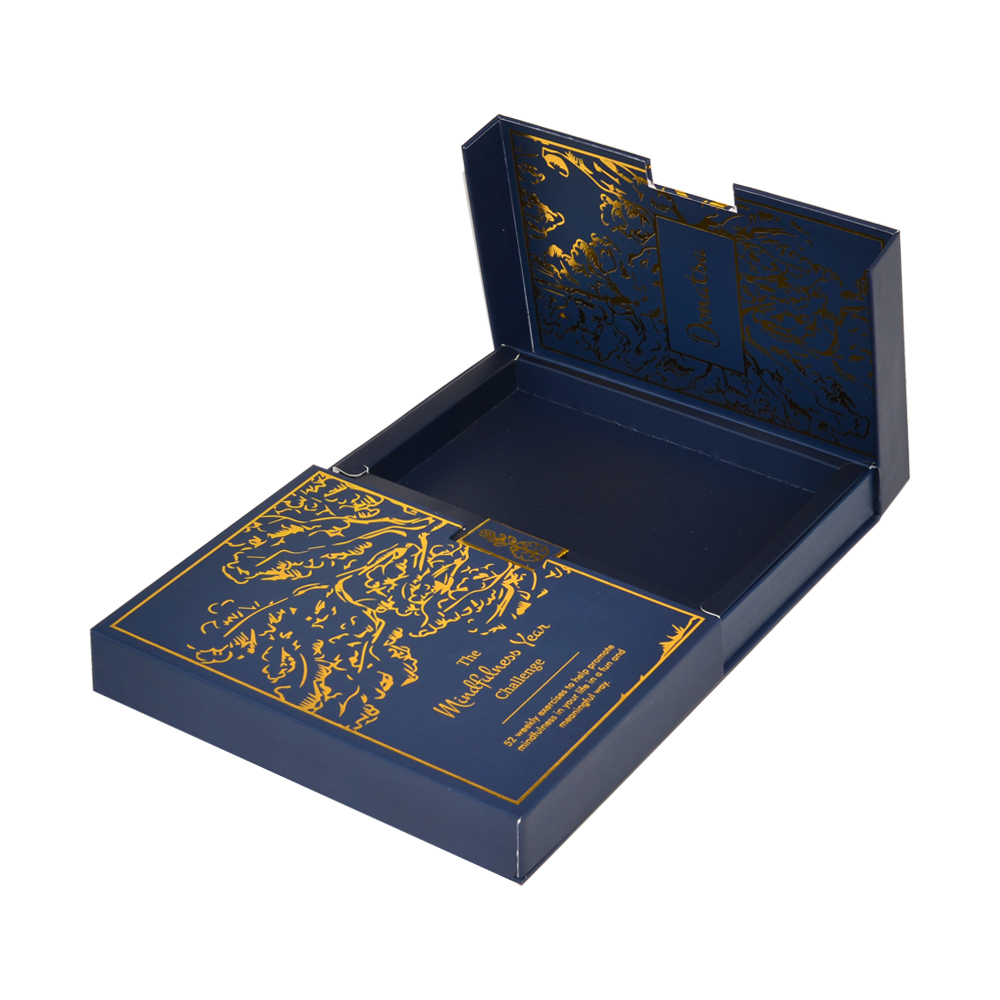  Luxury Packaging Navy Blue Two Double Door Open Gift Box with Magnet and Gold Hot Stamping Patterns  