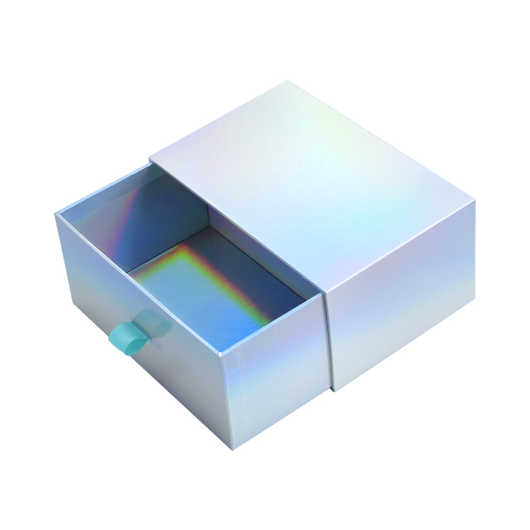  Holographic Gift Box Rainbow Paper Cardboard Sliding Drawer Box for Cosmetics Packaging with Silk Handle  
