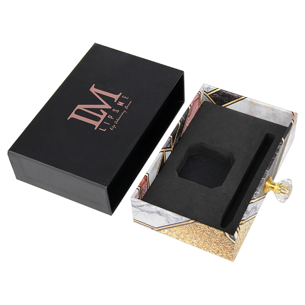  Custom Luxury Sliding Drawer Paper Gift Cosmetic Box for Volumizing Serum with Satin Holder and Crystal Knob  