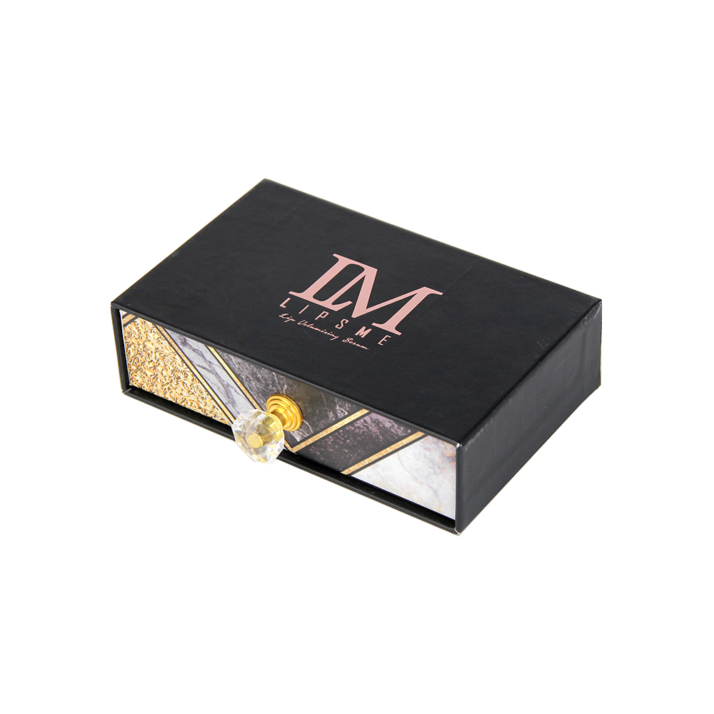  Custom Luxury Sliding Drawer Paper Gift Cosmetic Box for Volumizing Serum with Satin Holder and Crystal Knob  