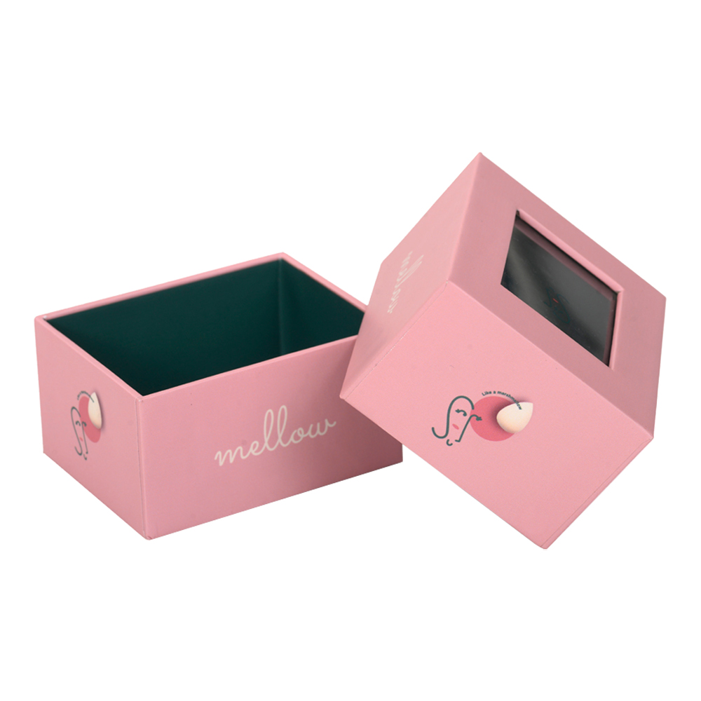 Customized Velvet Lined Lid and Base Gift Boxes with Clear Window in Pink Color for Cleansing Brush Packaging  