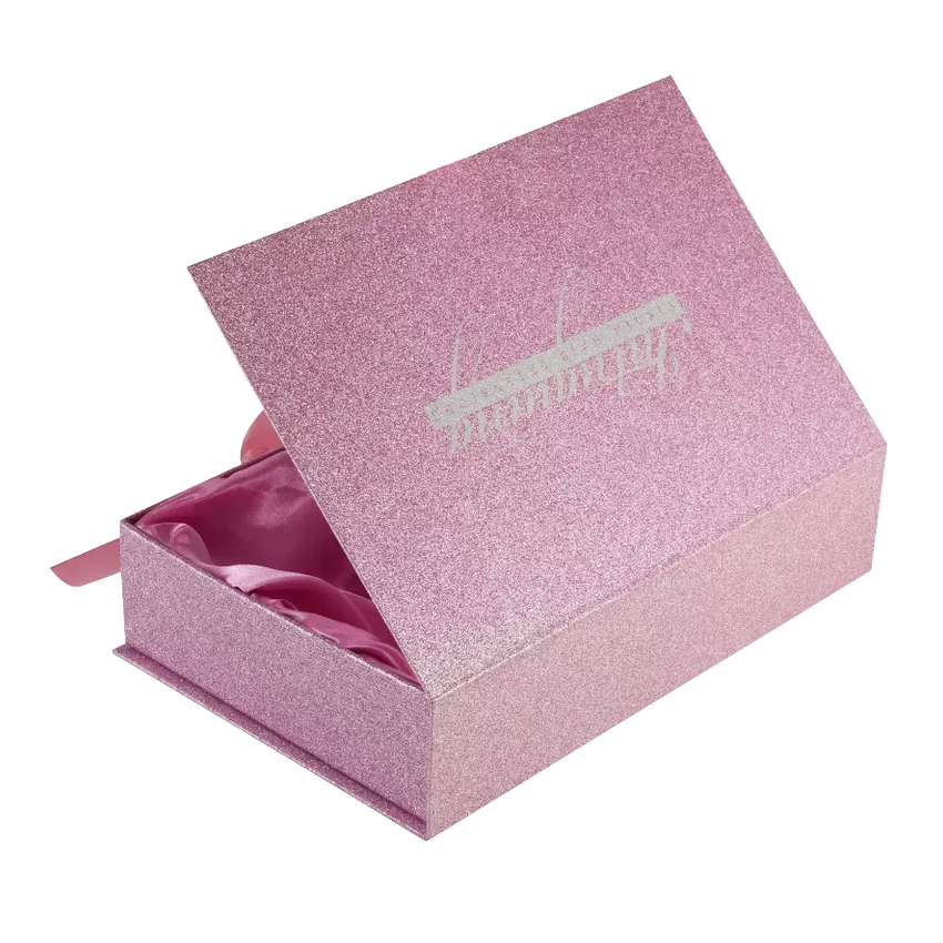  Shiny Pink Glitter Paper Magnetic Lid Gift Boxes for Wigs Hair Extension Packaging with Silk Ribbon  